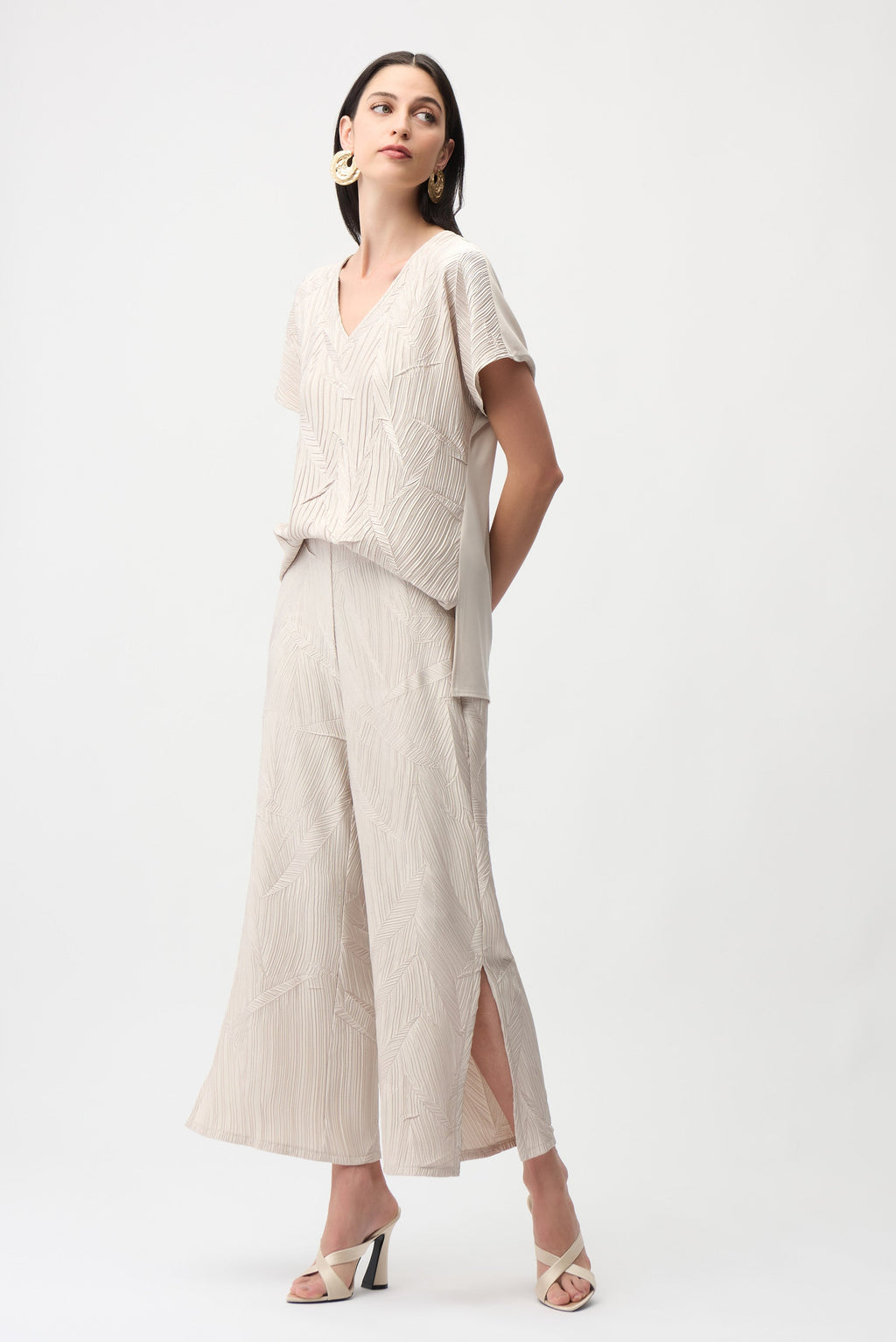 Pleated Satin Pull-On Culotte Pants, Moonstone