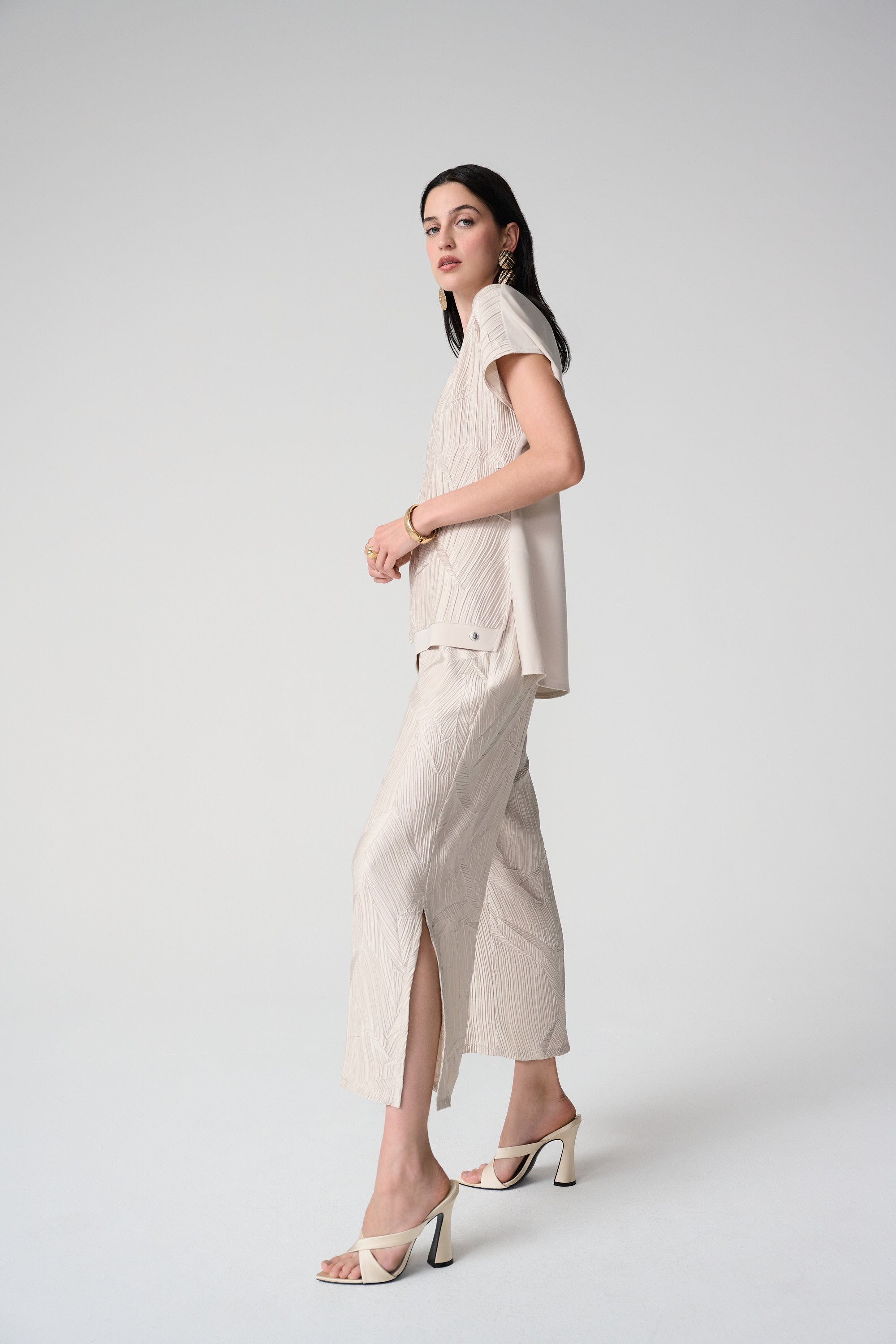 Pleated Satin Pull-On Culotte Pants, Moonstone