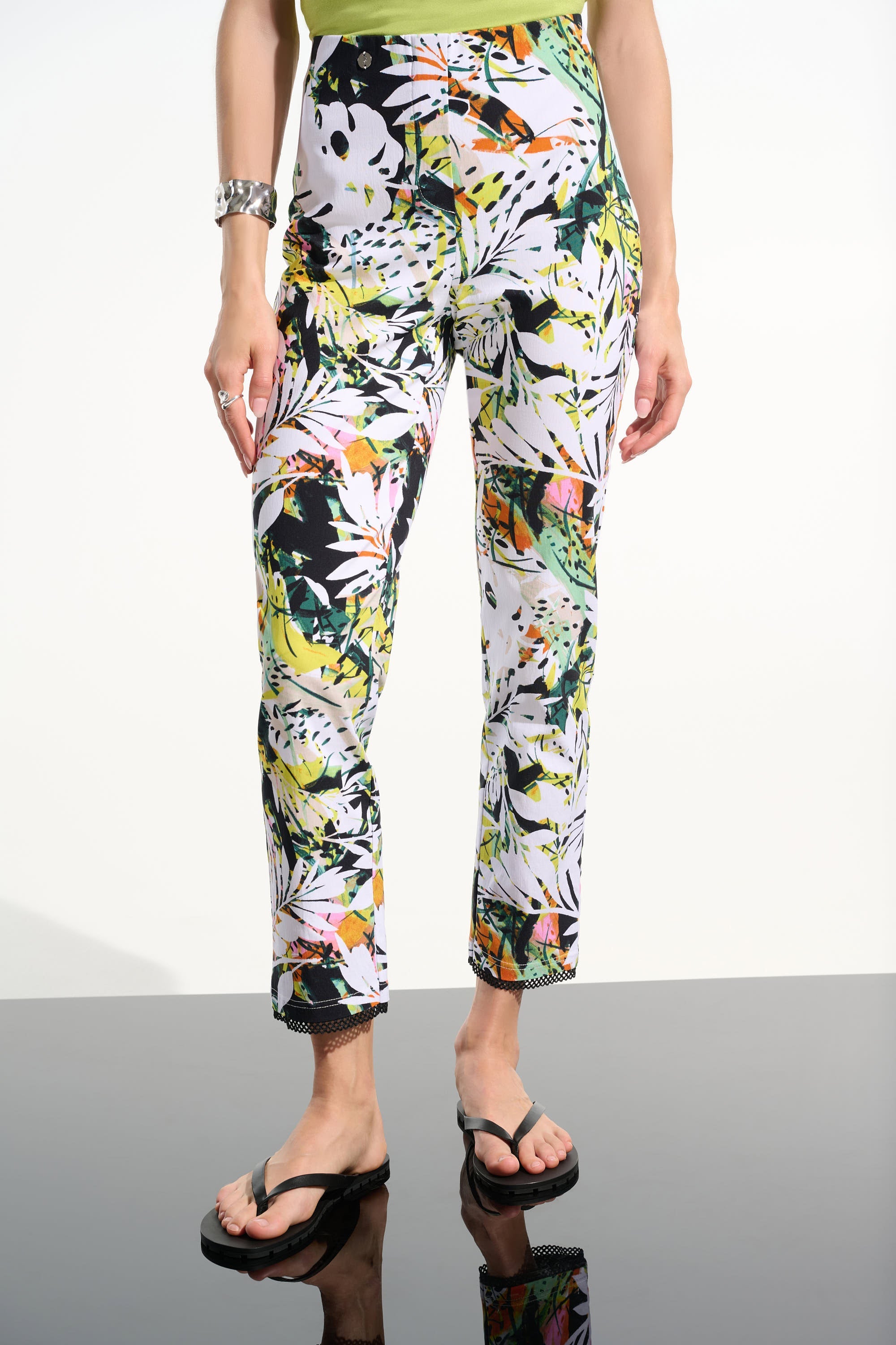 Millennium Tropical Print Pull-On Pants With Mesh Detail, Vanilla/Multi