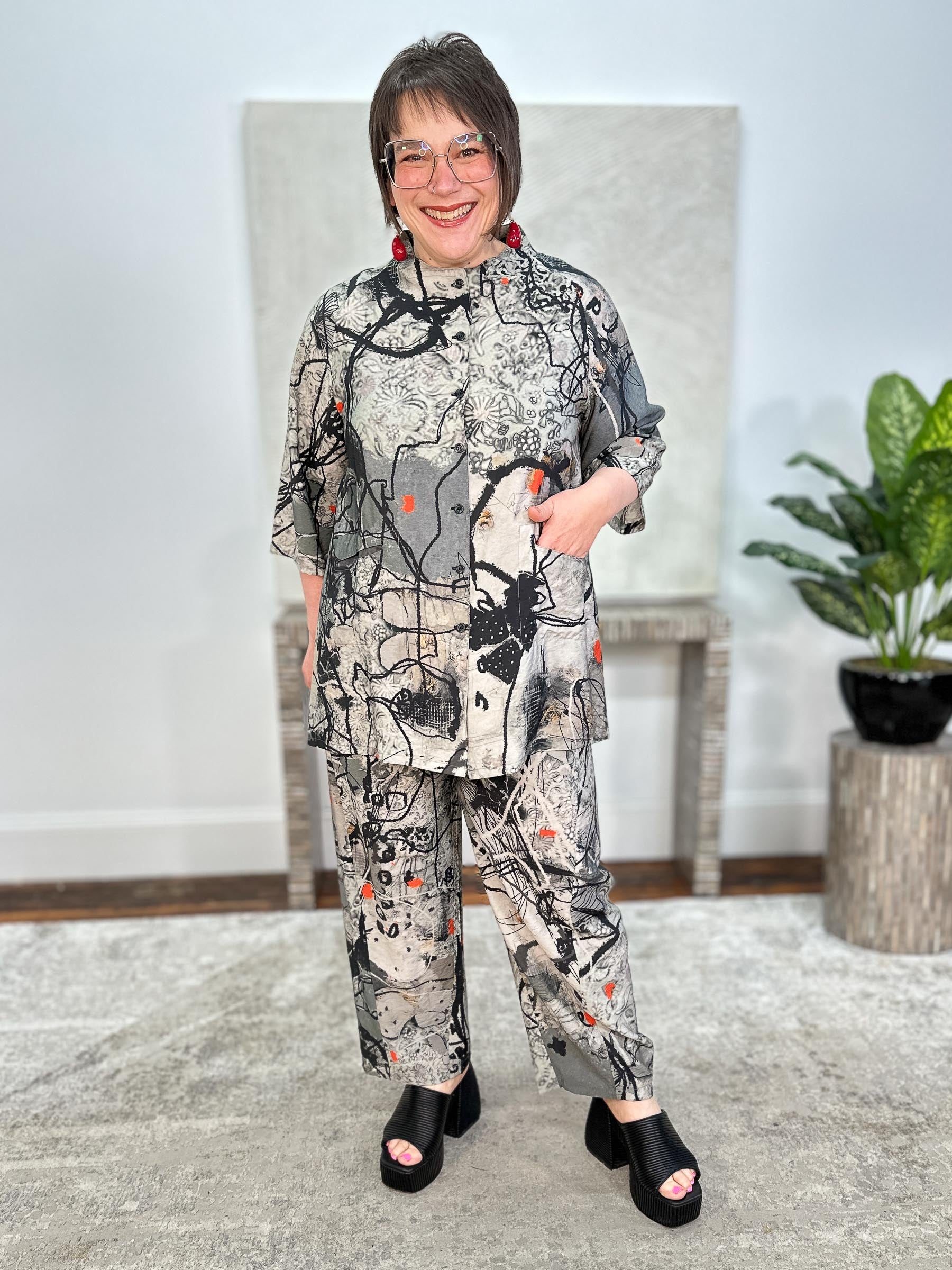Straight Leg Pants, Charcoal Abstract Flowers