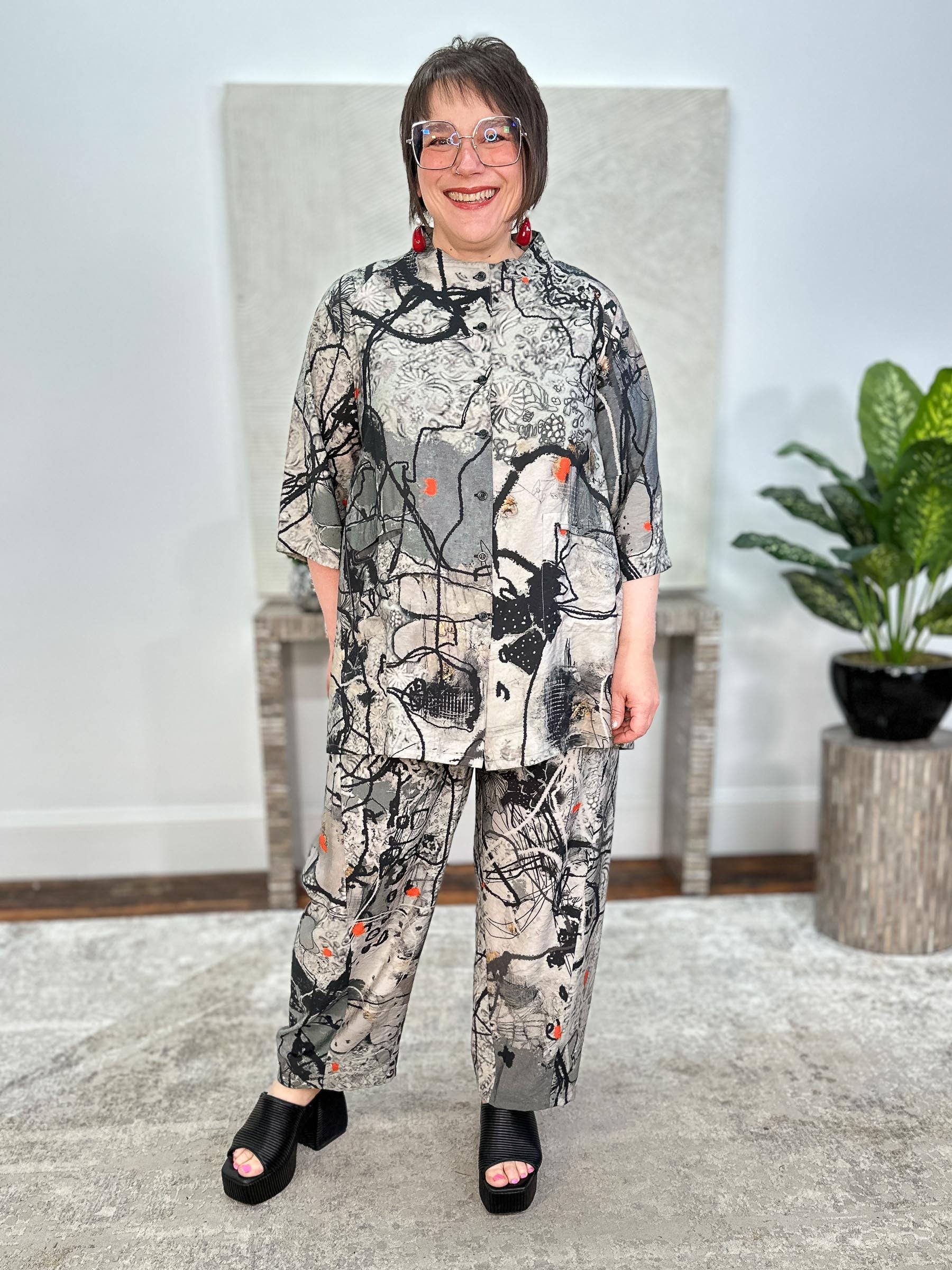 Straight Leg Pants, Charcoal Abstract Flowers