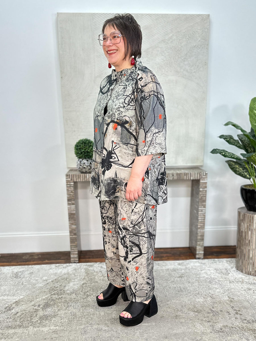 Straight Leg Pants, Charcoal Abstract Flowers