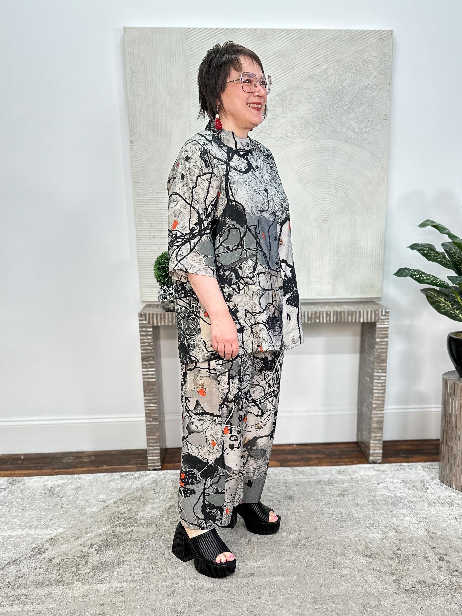 Straight Leg Pants, Charcoal Abstract Flowers