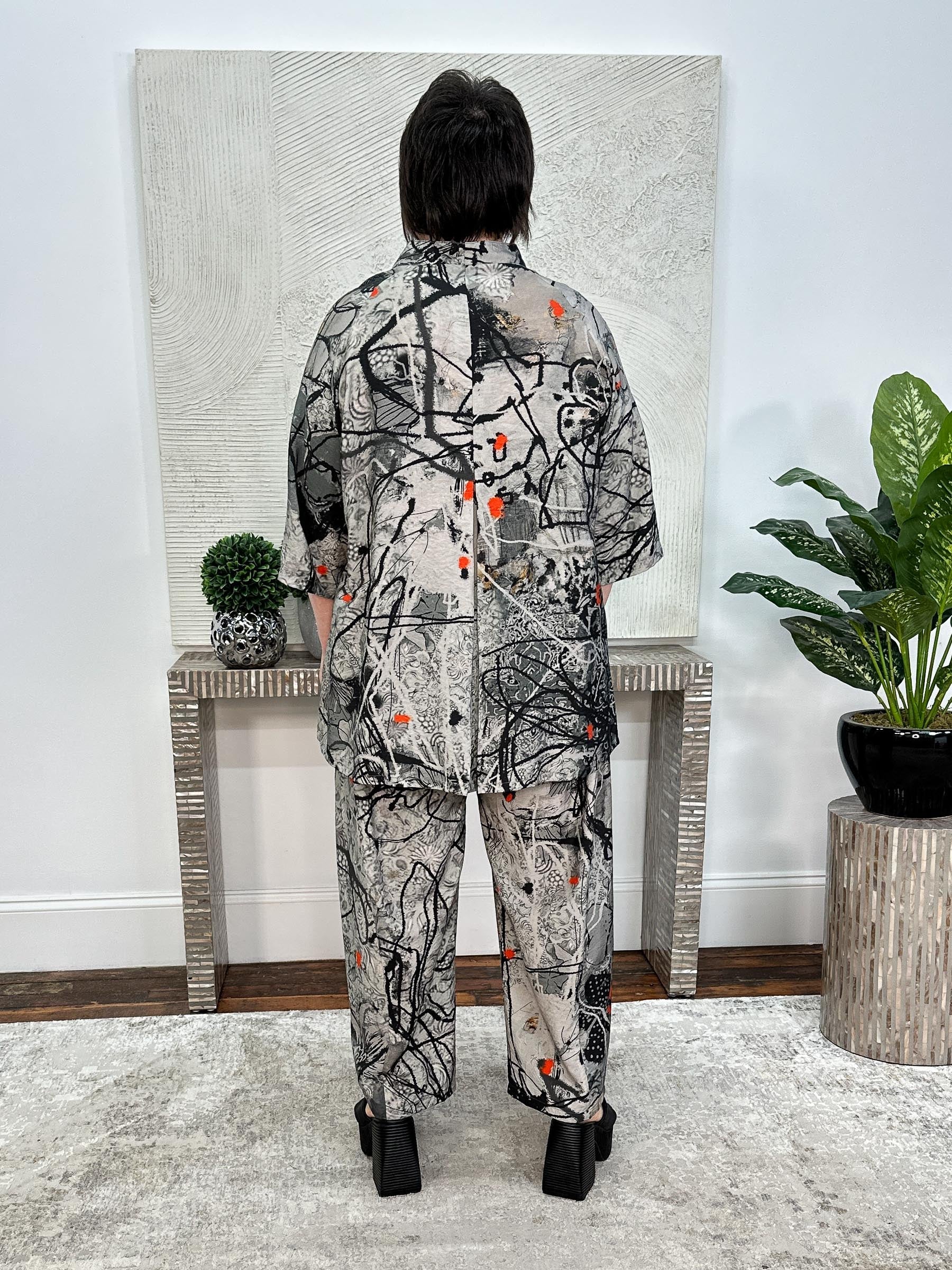 Straight Leg Pants, Charcoal Abstract Flowers