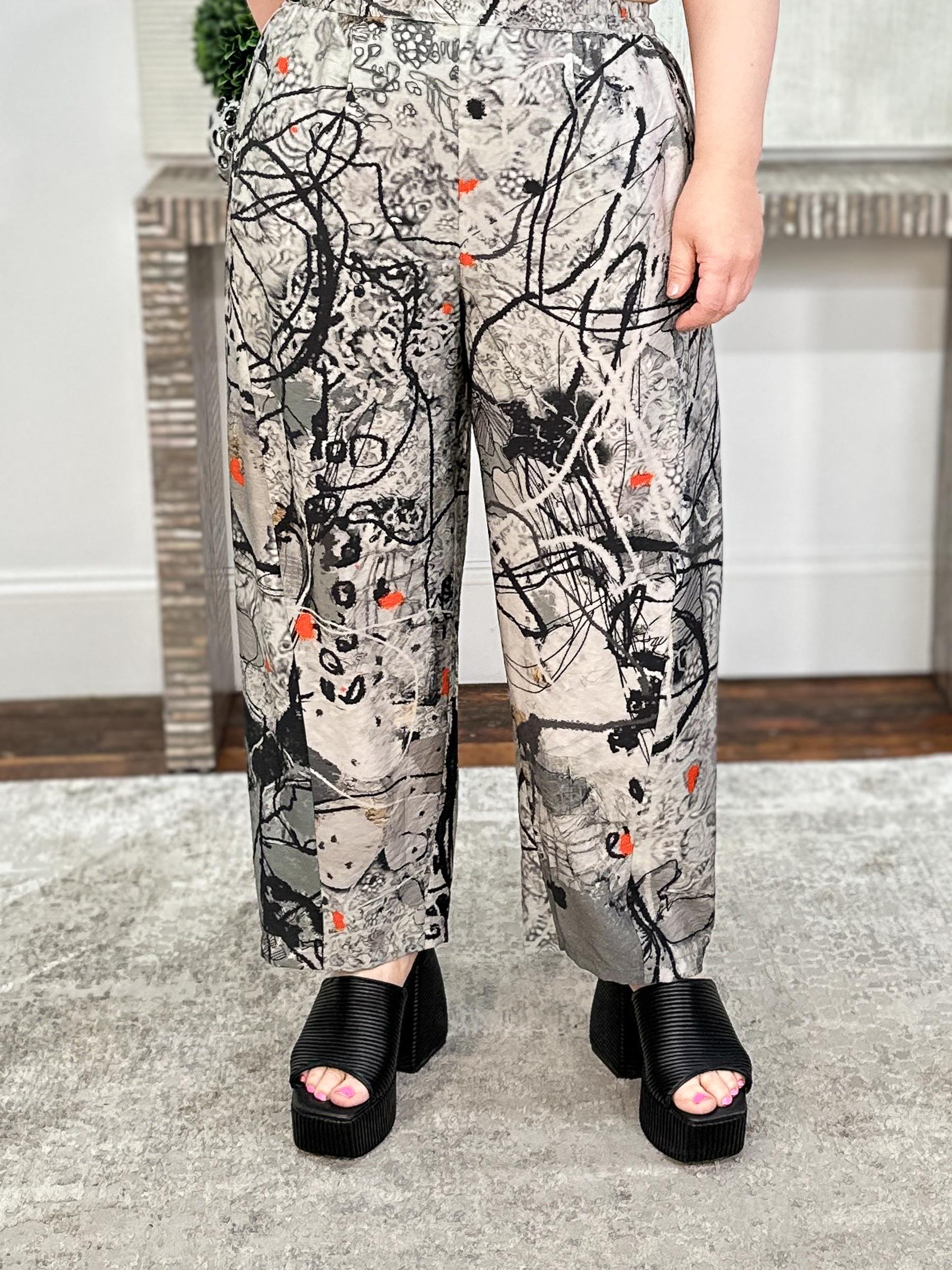 Straight Leg Pants, Charcoal Abstract Flowers