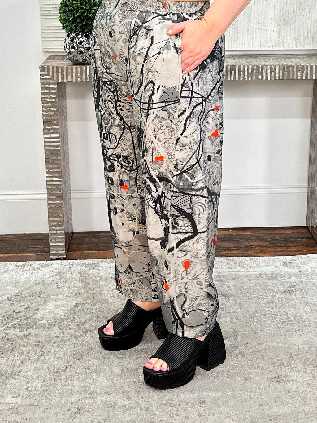 Straight Leg Pants, Charcoal Abstract Flowers