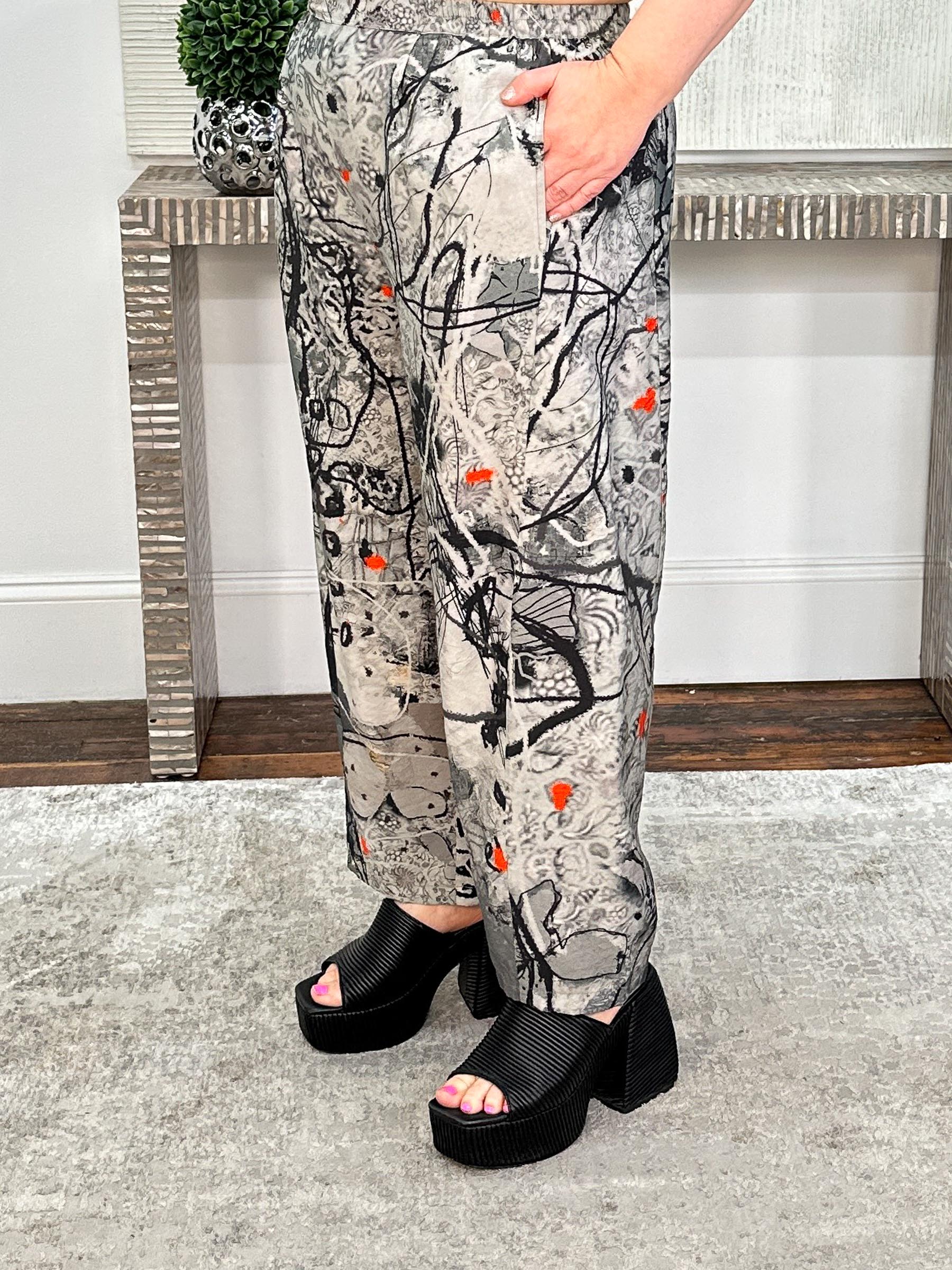 Straight Leg Pants, Charcoal Abstract Flowers