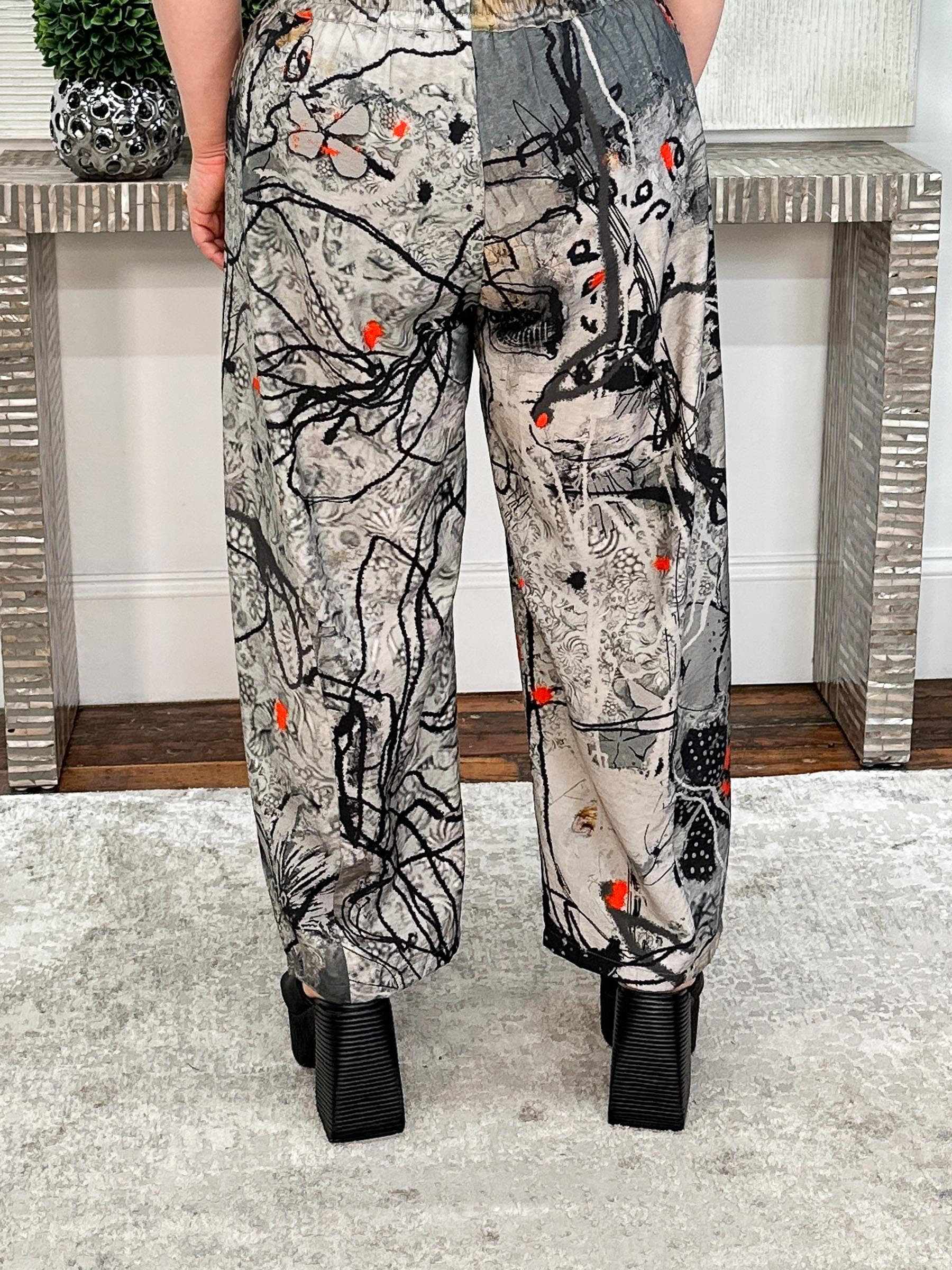 Straight Leg Pants, Charcoal Abstract Flowers