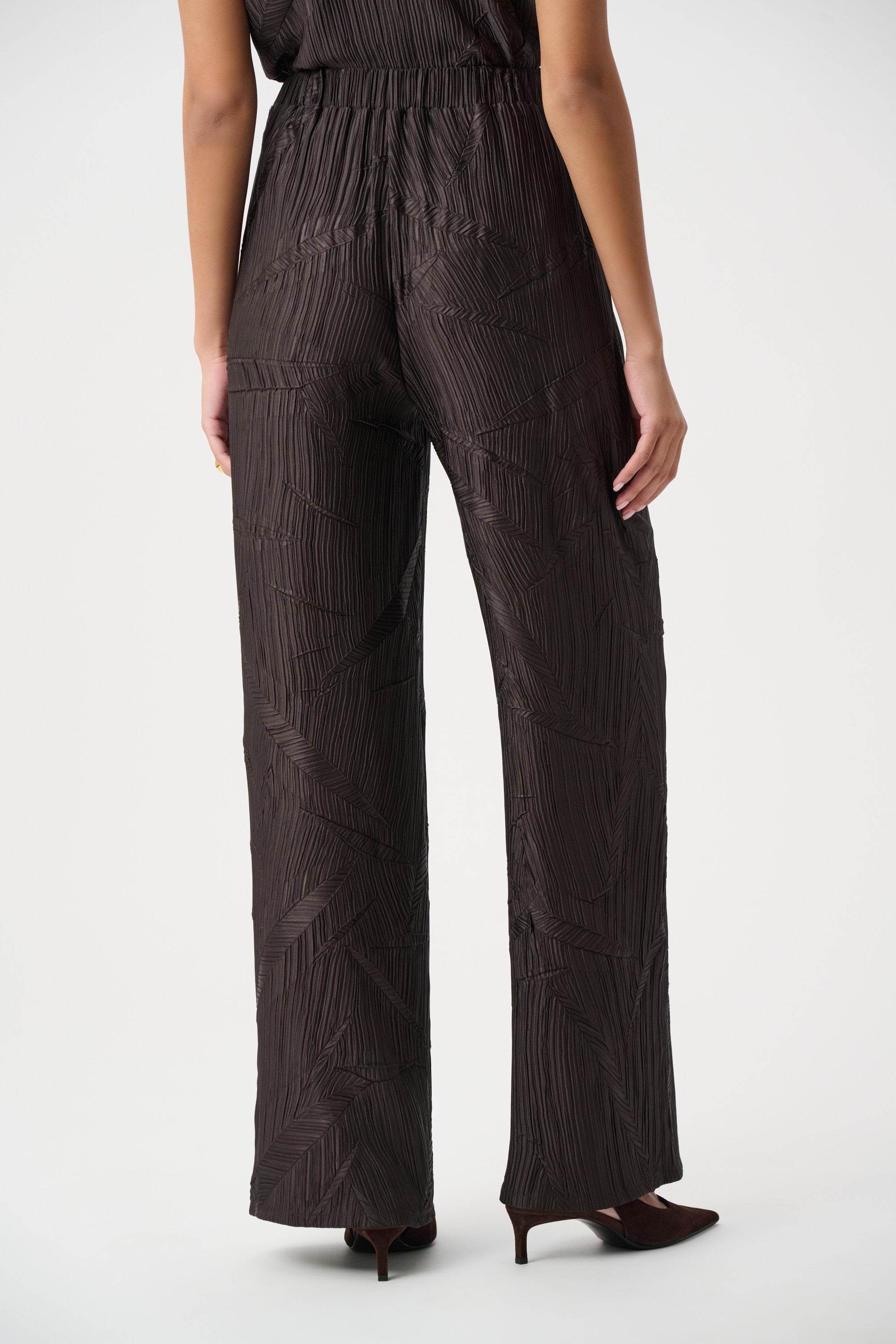Pleated Satin Pull-On Wide-Leg Pants, Mocha