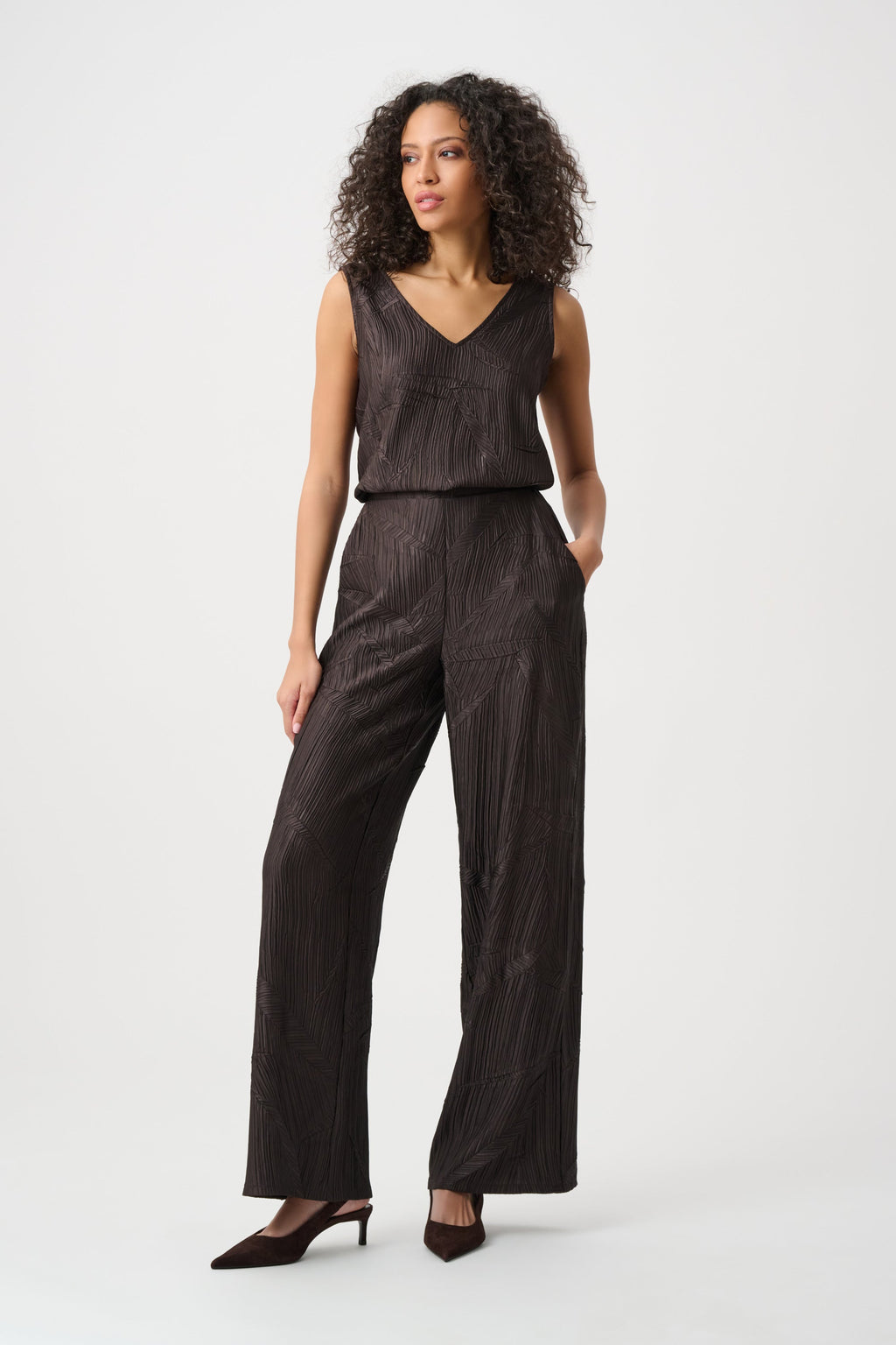 Pleated Satin Pull-On Wide-Leg Pants, Mocha
