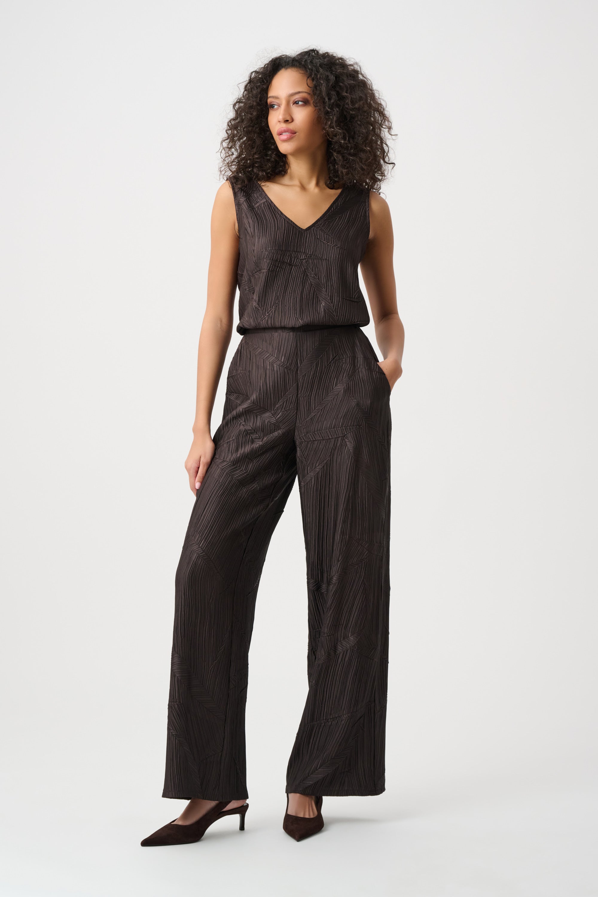 Pleated Satin Pull-On Wide-Leg Pants, Mocha