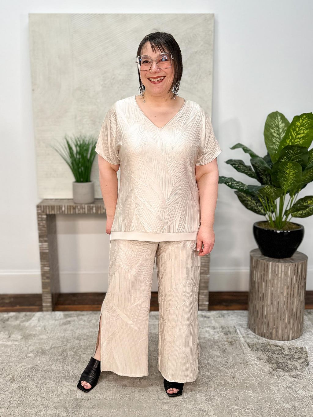 Pleated Satin Pull-On Culotte Pants, Moonstone