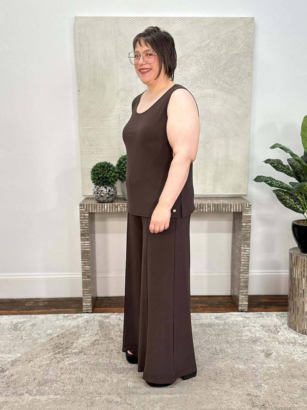 Silky Knit Pull-On Wide-Leg Pants, Mocha