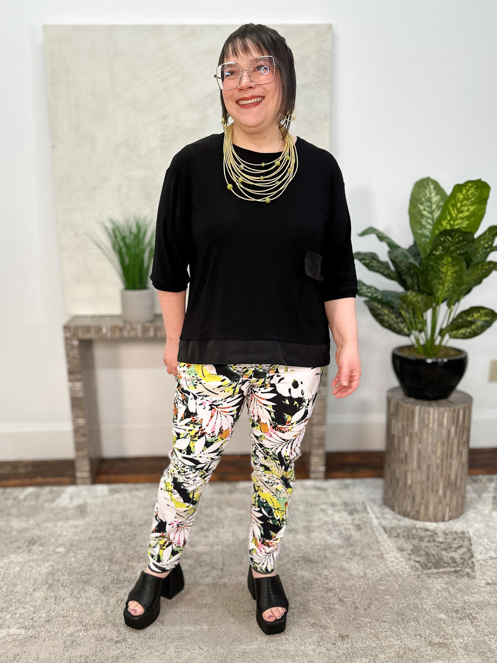 Millennium Tropical Print Pull-On Pants With Mesh Detail, Vanilla/Multi