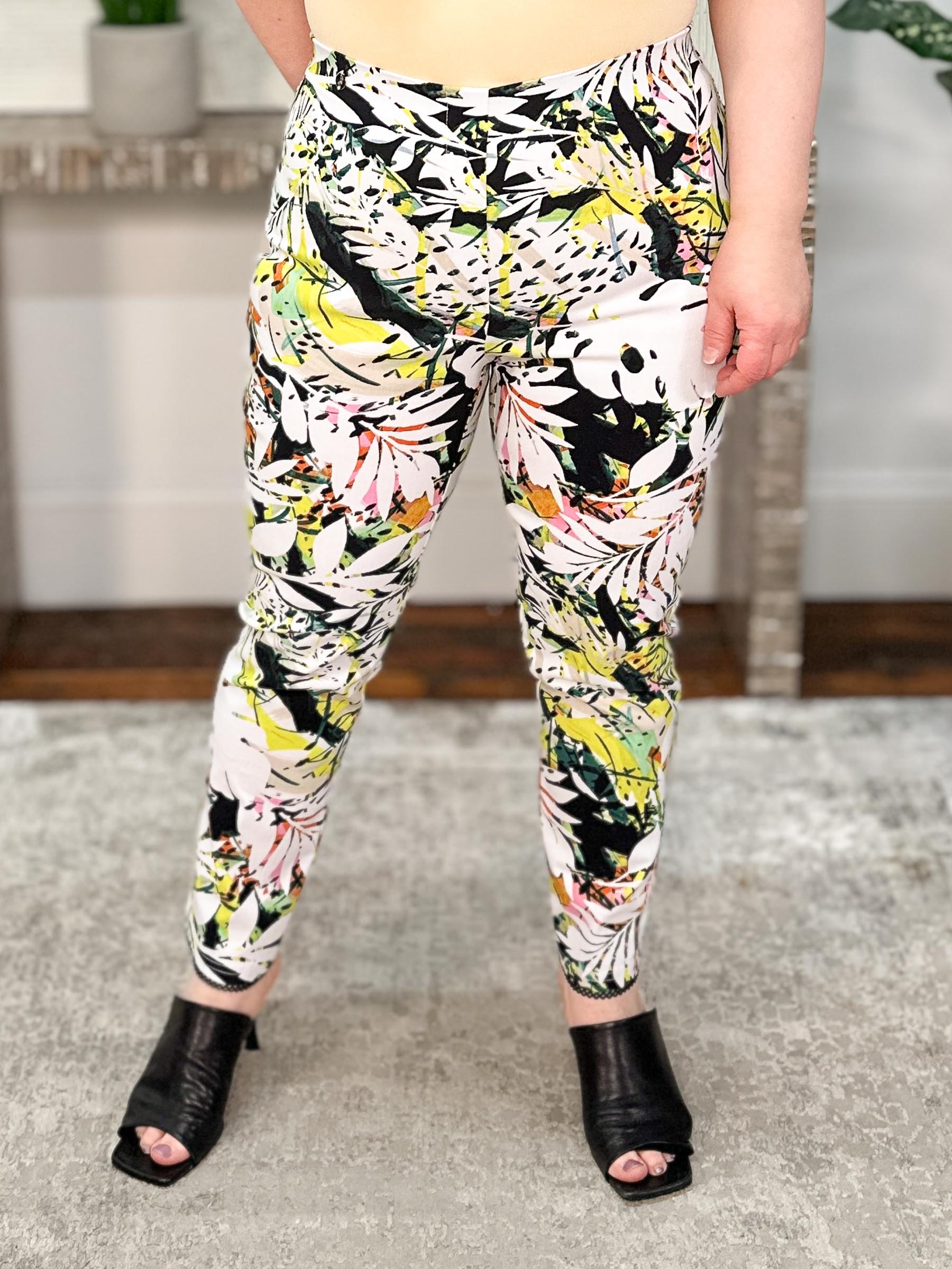 Millennium Tropical Print Pull-On Pants With Mesh Detail, Vanilla/Multi